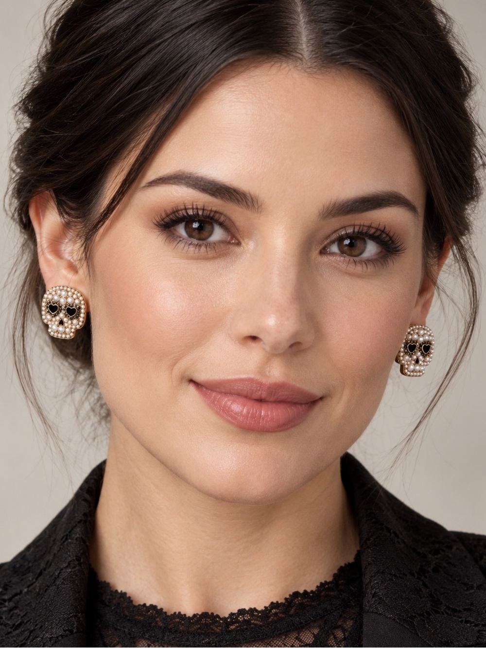 Gold Pearl Skull Stud Earrings - Women's Jewelry